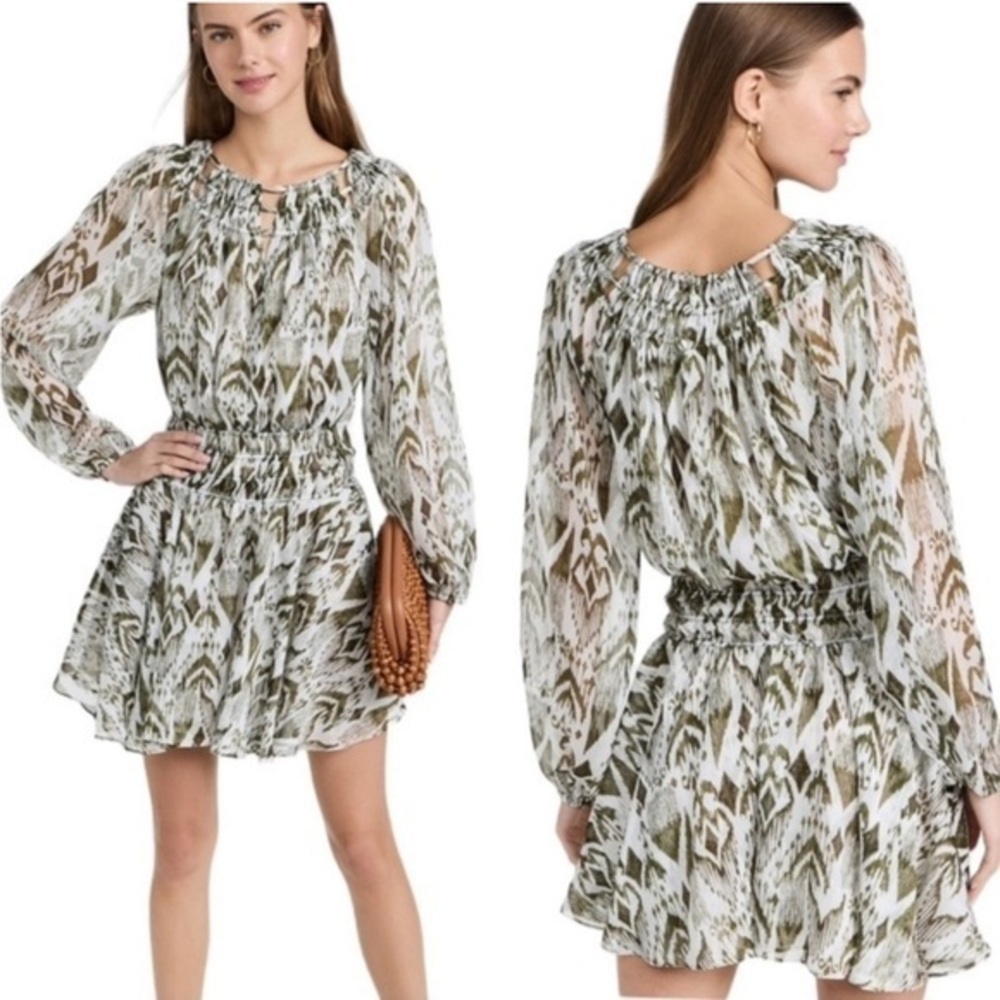Misa Los Angeles Dress Mercy Mini Cut Out Neckline in Moss Green Ikat